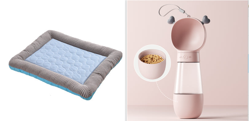 Cat and dog sharing cooling mat outdoor